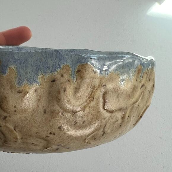 Handcrafted Bowl With 3D Grapes 6" Blue and Beige Stoneware Pottery Signed Jann - Picture 5 of 9